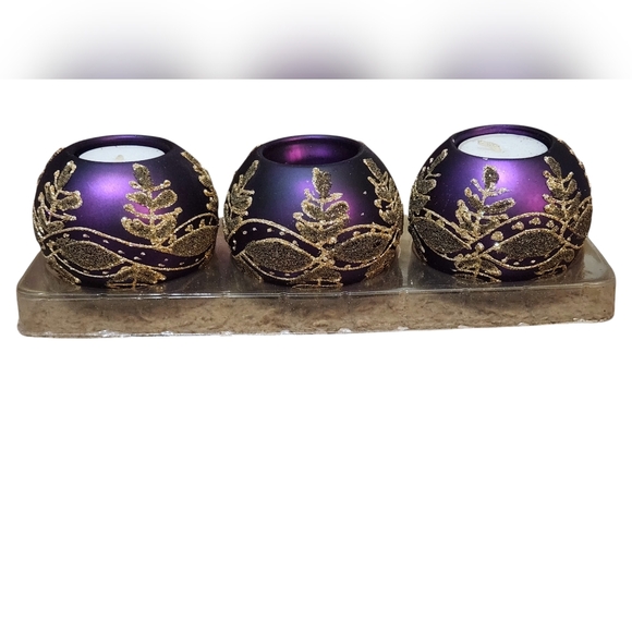 Beautiful Elegant Purple and Gold Tealight Vintage Candle Holder 3 piece set - Picture 1 of 2